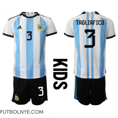 Camiseta Argentina Nicolas Tagliafico #3 Primera Equipación para niños Mundial 2022 manga corta (+ pantalones cortos)